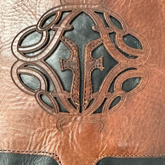 Frye Melissa Logo Monogrammed Black Brown Leather Knee High Boots - Picture 5 of 7